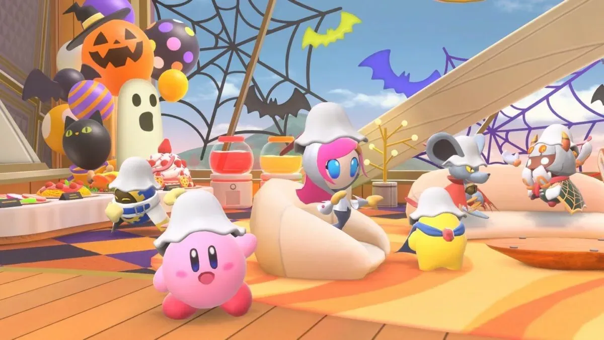 Kirby Air Riders Halloween event screen with seasonal decorations