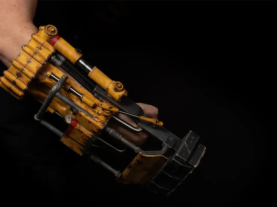 Fallout Power Fist replica showing pneumatic-style mechanical details