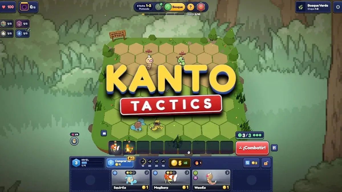 Kanto Tactics battle arena with Pokémon teams positioned for a grid-based tactical fight