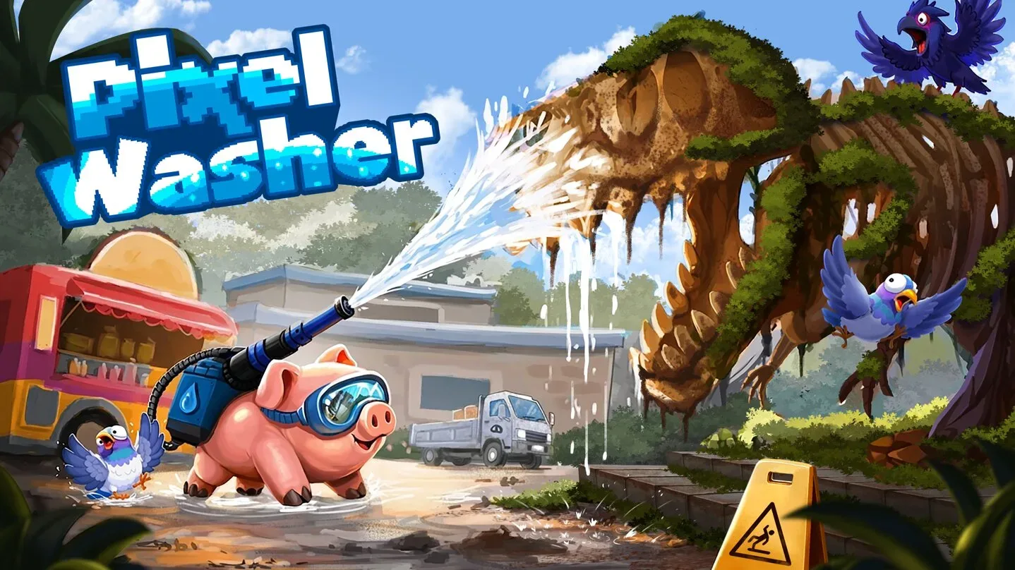 Pigxel, the goggled pig protagonist of Pixel Washer, cleaning a grime-covered pixel-art environment