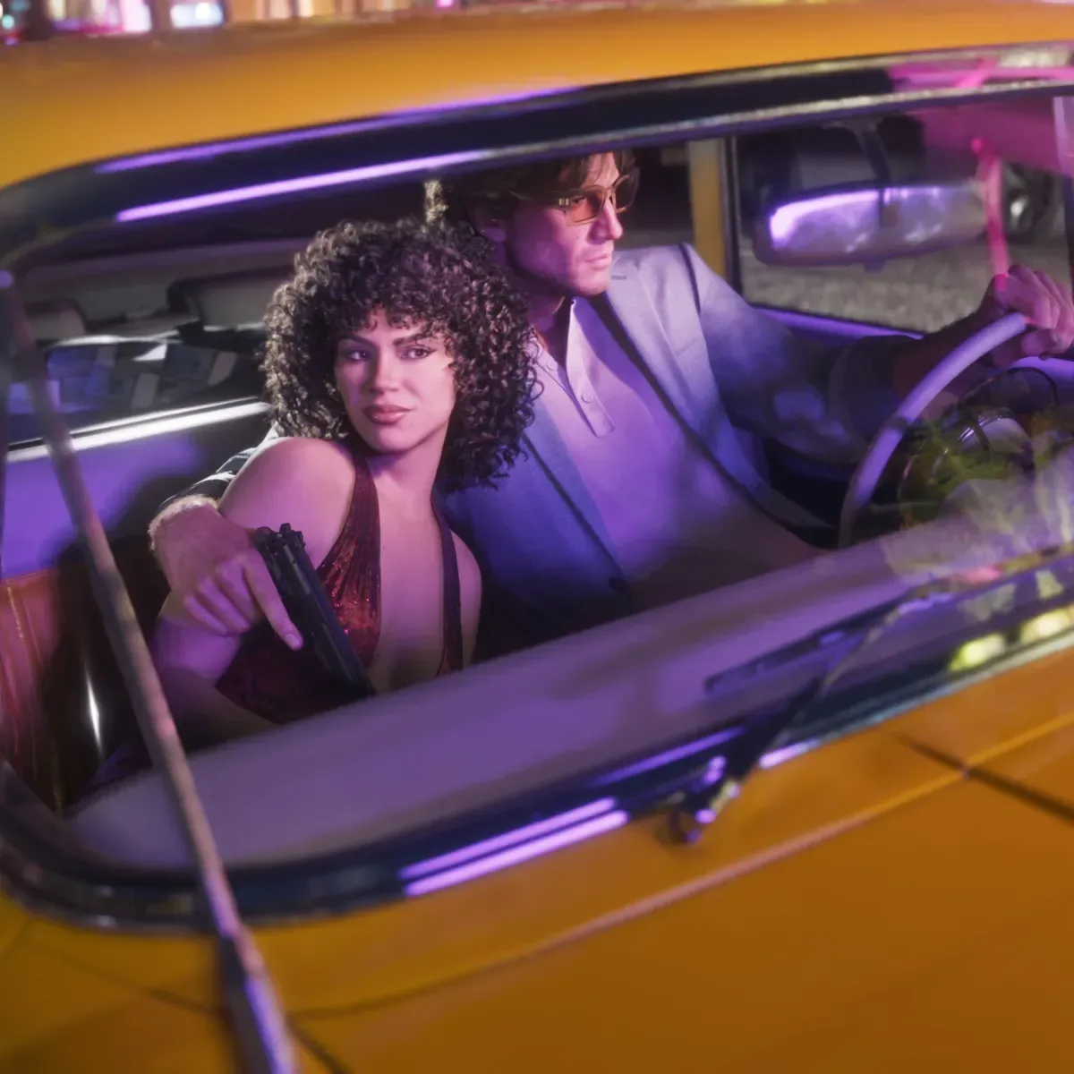 GTA 6-themed cars driving in a convoy through Miami with Leonida licence plates