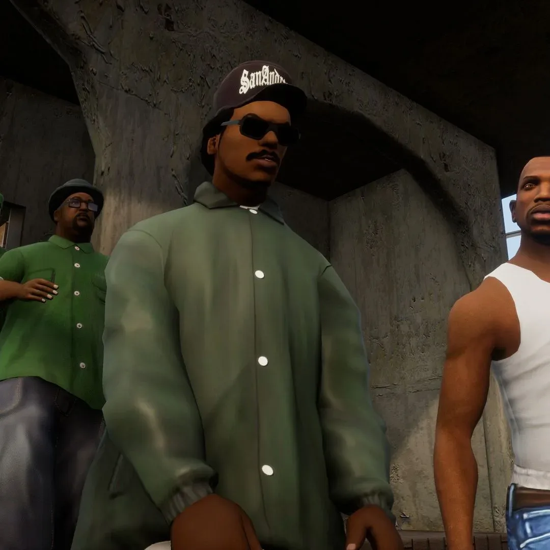 Protagonist Carl "CJ" Johnson walking out of a house in GTA San Andreas with Melvin Harris (Big Smoke), Lance Wilson (Ryder), and Sean Johnson (Sweet)