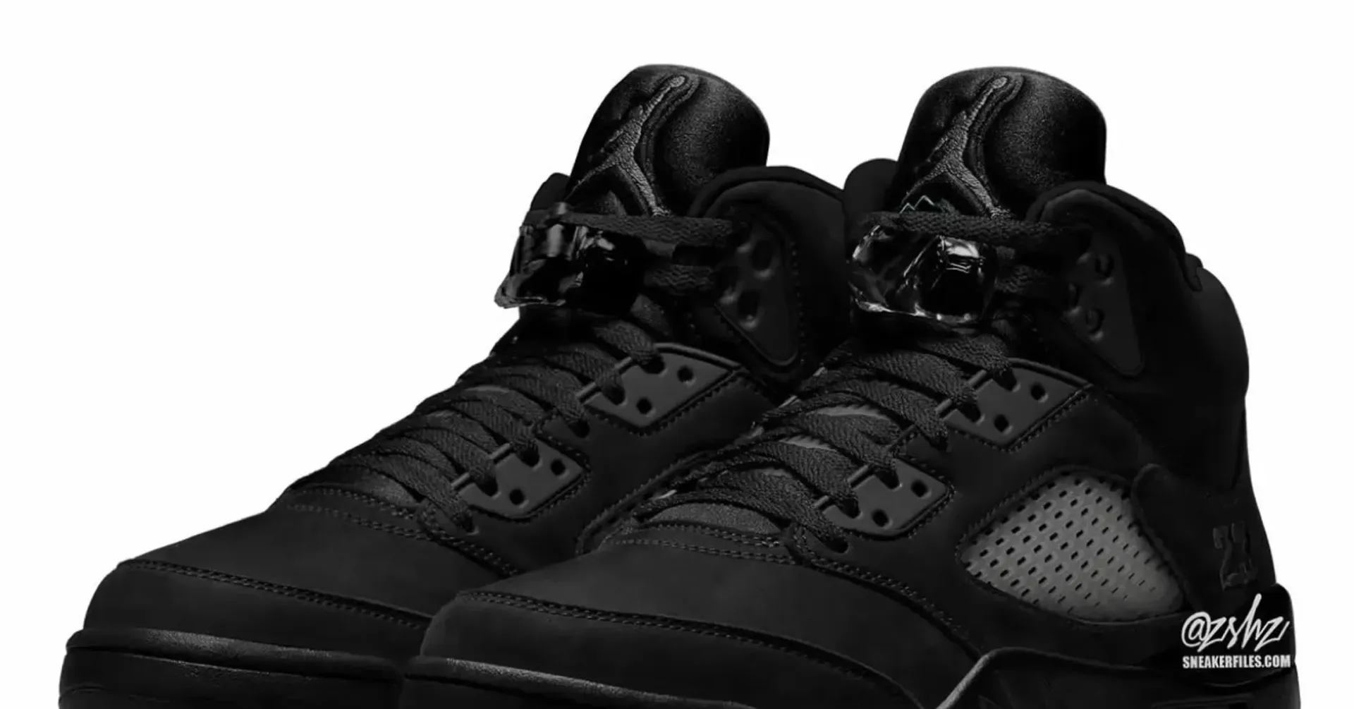 Reported Air Jordan 5 Black Cat in a black leather colorway with Nike Air heel branding