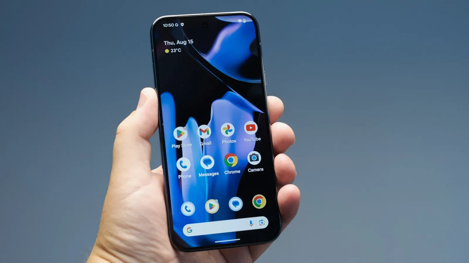 Budget Android phone showing a bright AMOLED display and Android home screen