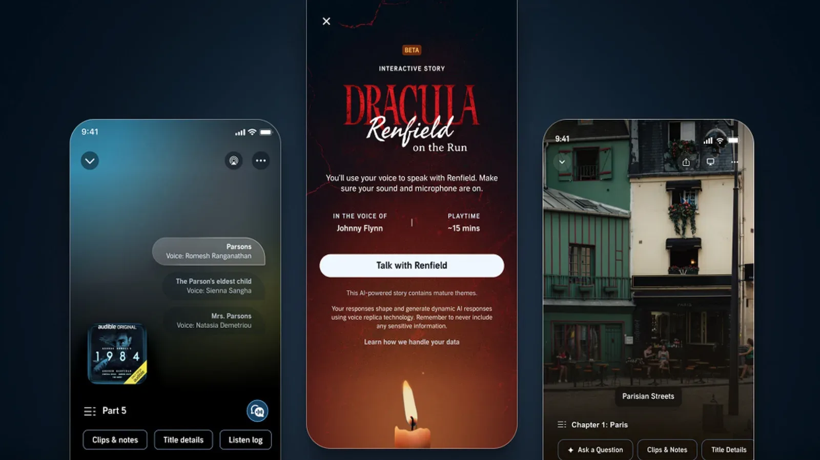 A gothic audiobook interface representing Audible's planned Dracula Interactive Story with Renfield