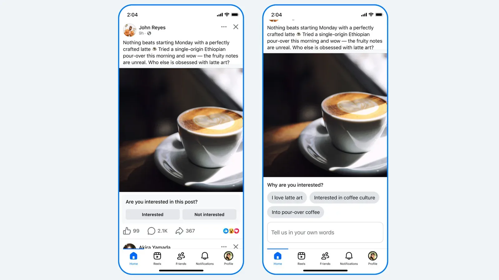 Facebook feed displayed on a phone with a personalized recommendation settings menu