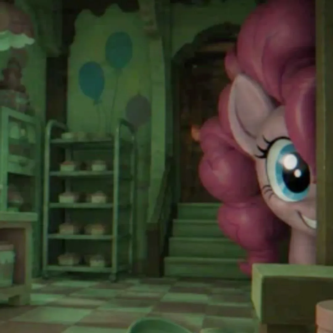 Pinkie Pie grins evilly from behind a wall in Pinkie Promise in Roblox