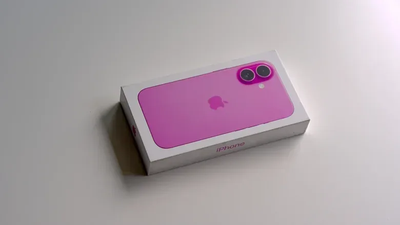 A pink iPhone 16's box.