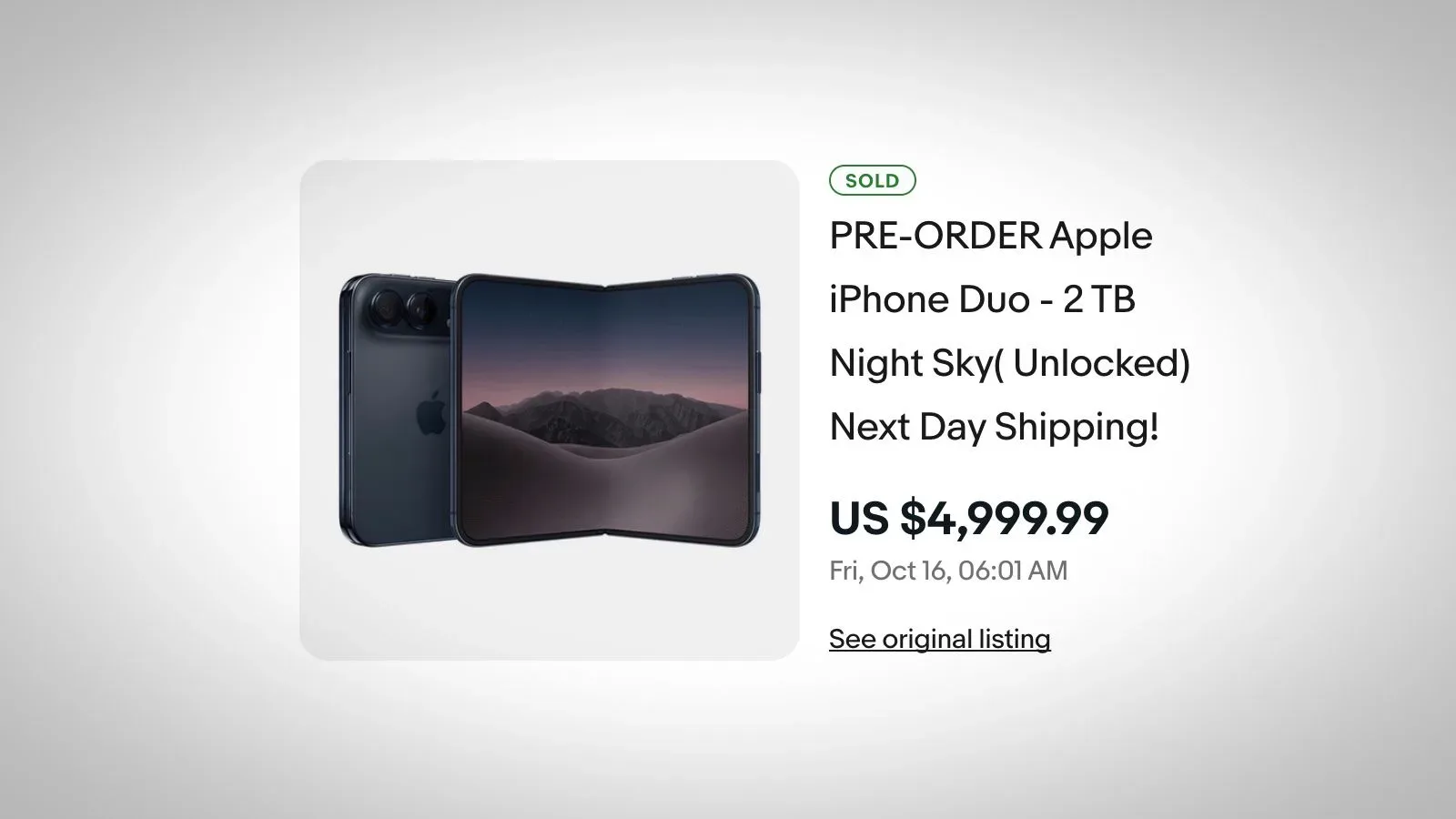 Night Sky iPhone Duo pre-order resale listing with a $5,000 sale price