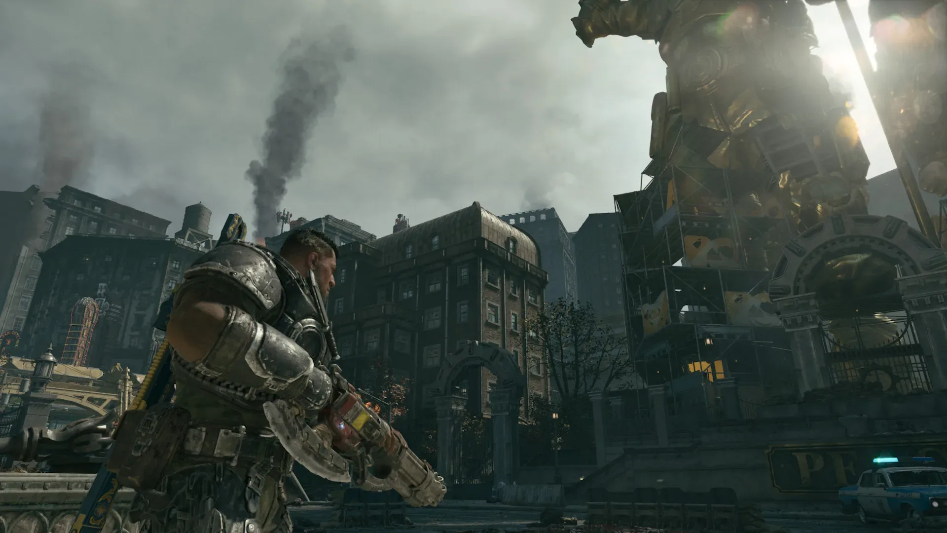 Gears of War: E-Day urban environment showing ornate architecture and dramatic lighting