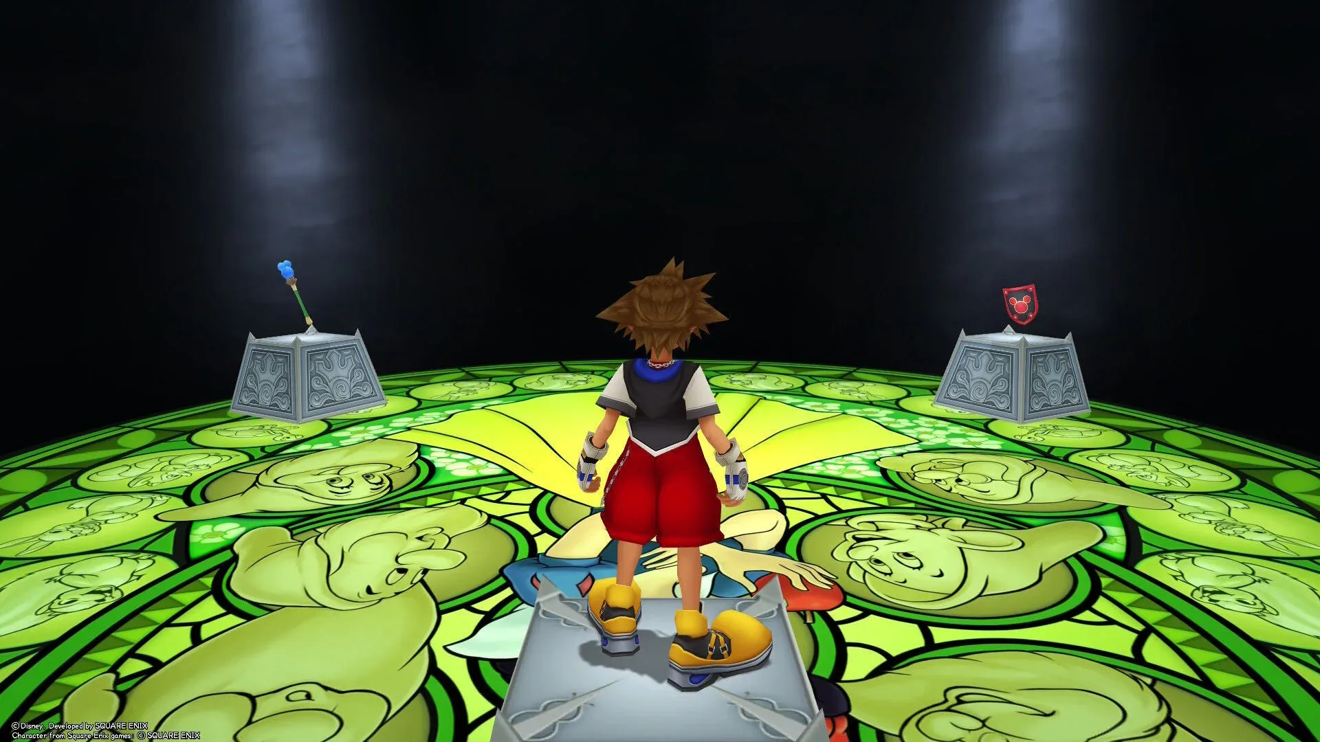 Sora standing on a Snow White stained-glass platform in Kingdom Hearts’ Dive to the Heart