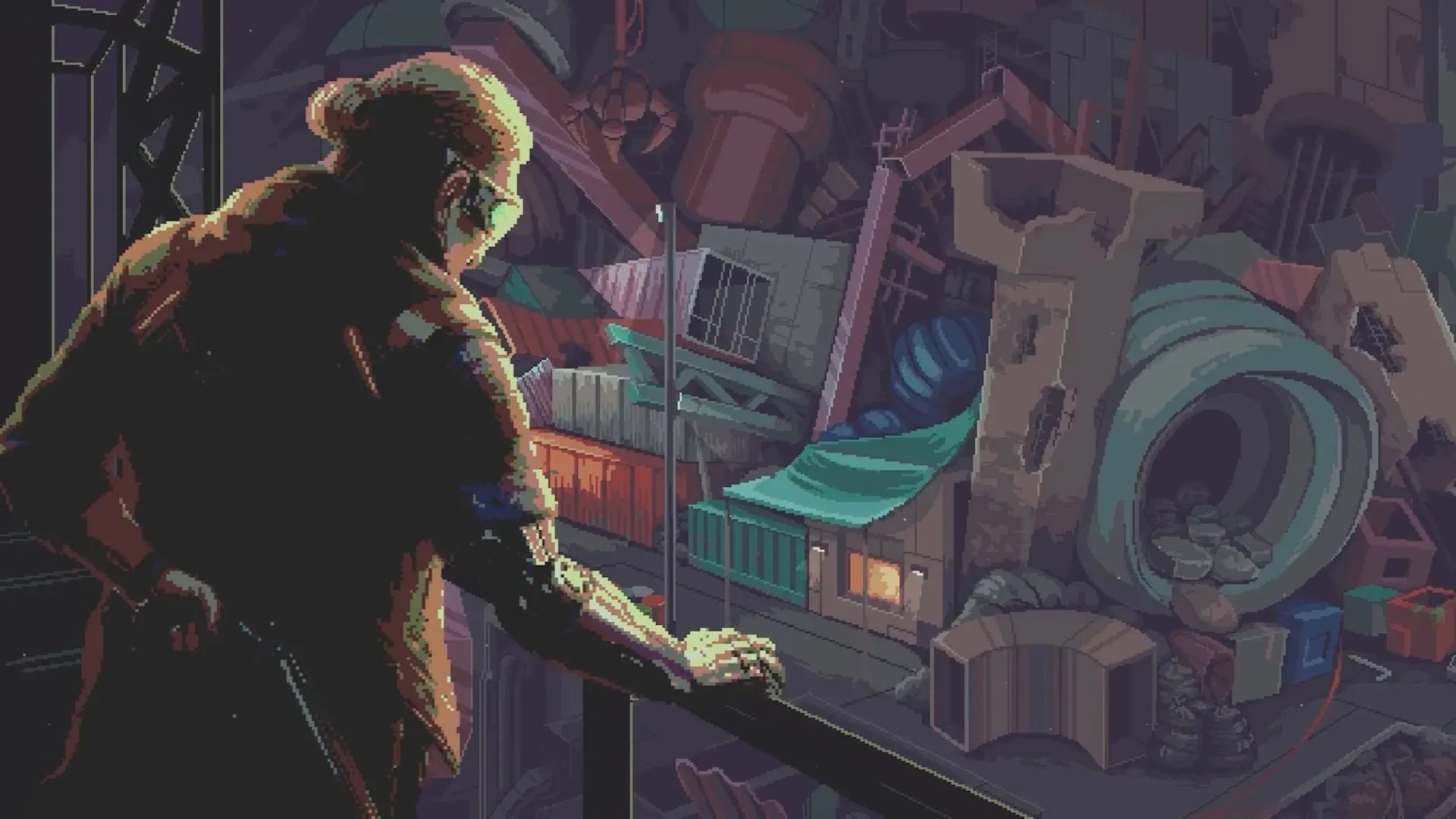 Probably Stolen cyberpunk shop interior with merchant inventory and customers
