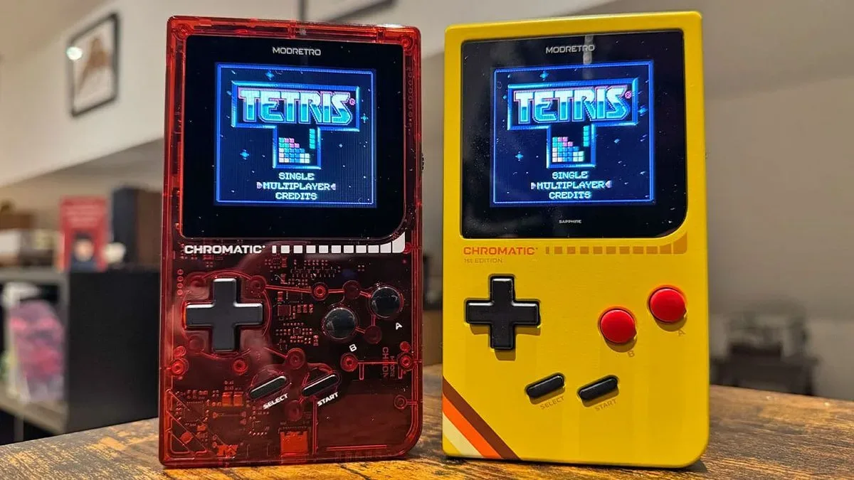 A ModRetro Chromatic handheld connected by cable during Shiny Relay cartridge setup