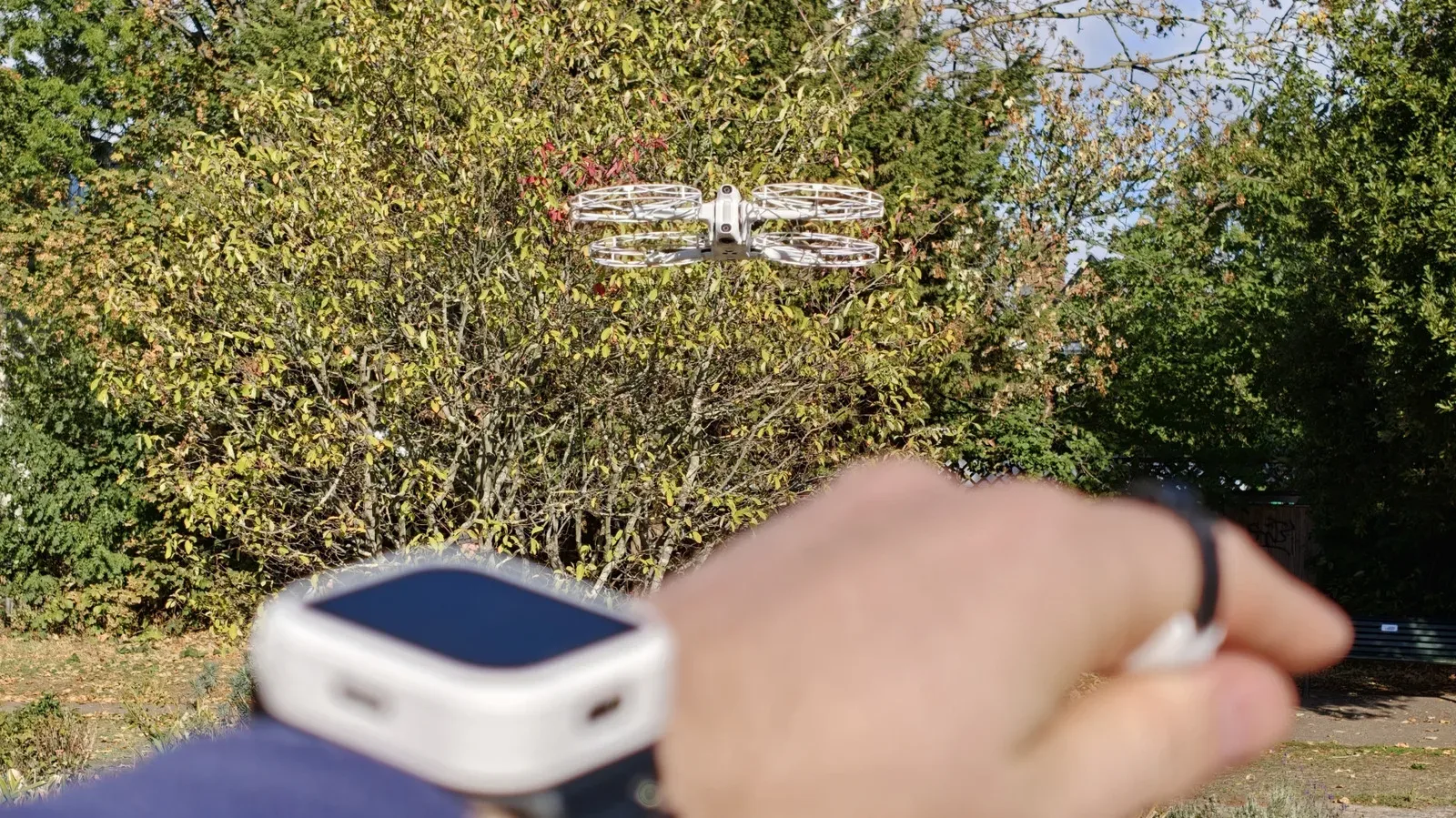 Antigravity A1 drone flying with the Follow Me watch and ring remotes