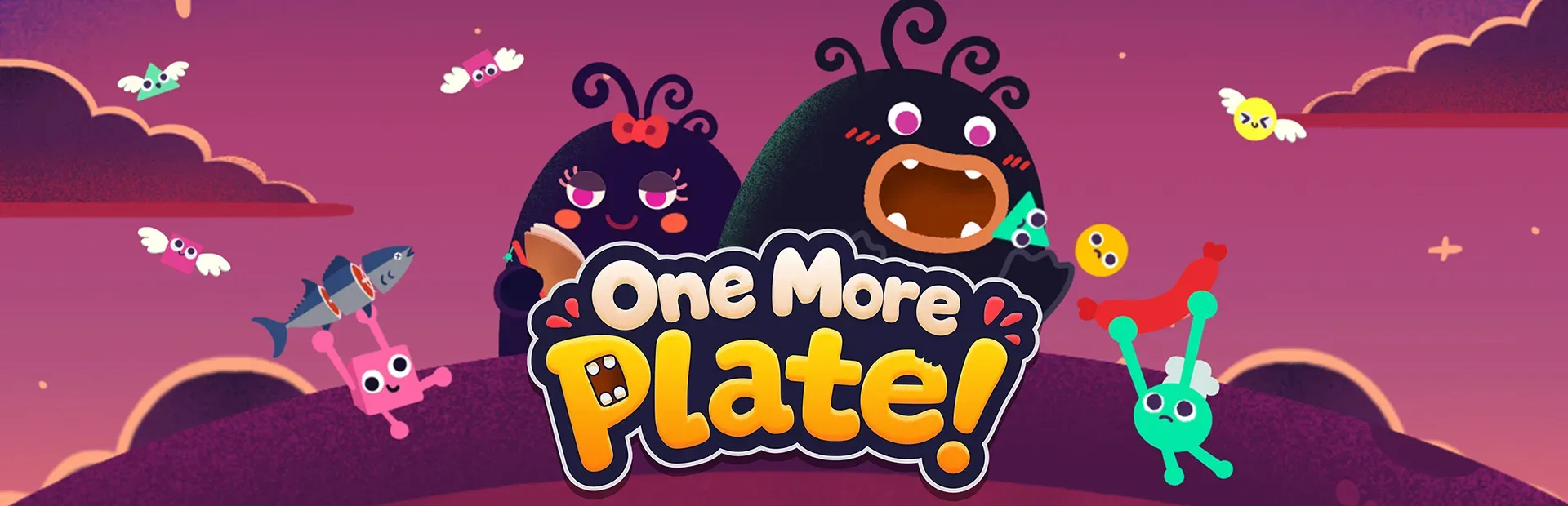 One More Plate! gameplay showing food and oversized utensils used to feed hungry monsters