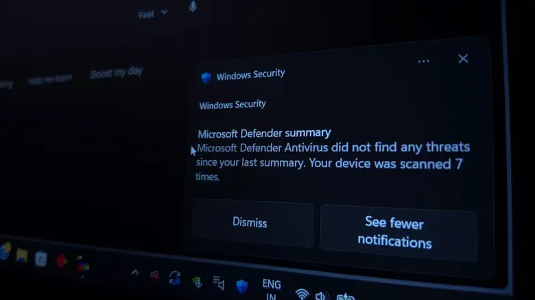 A close-up view of a Microsoft Defender antivirus notification on a Windows 11 PC.