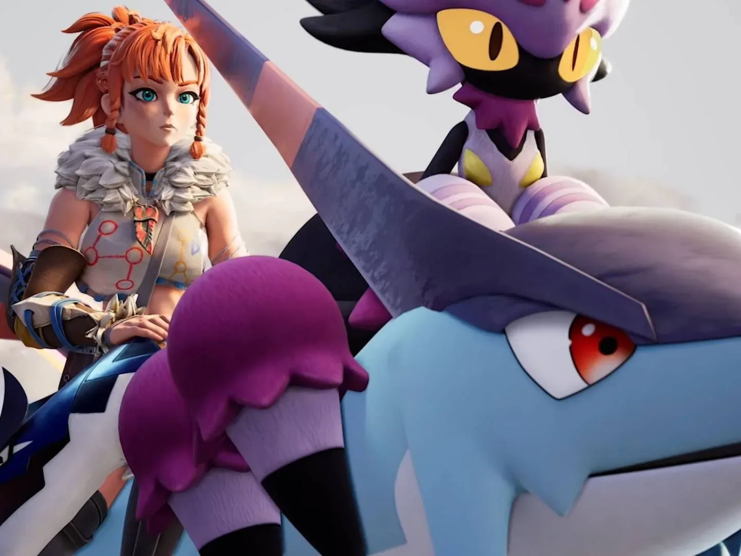 Palworld 1.0 trailer screenshot shows a girl with ginger hair, riding on the back of a pal.