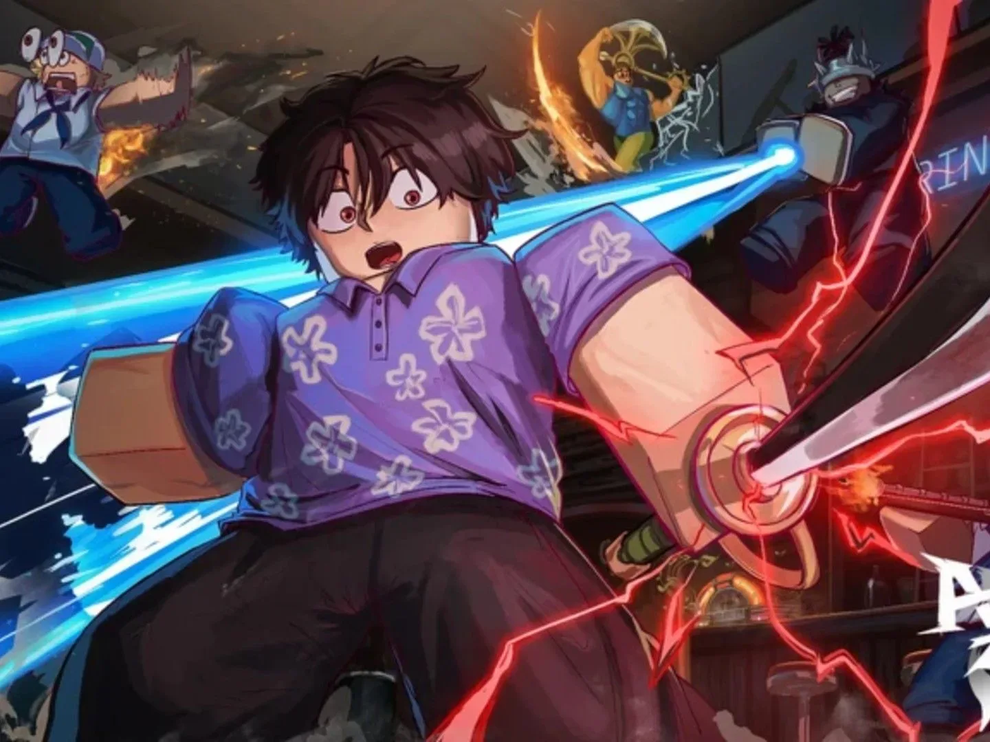 A boy in a purple short wields a glowing sword in Anime Zero on Roblox.