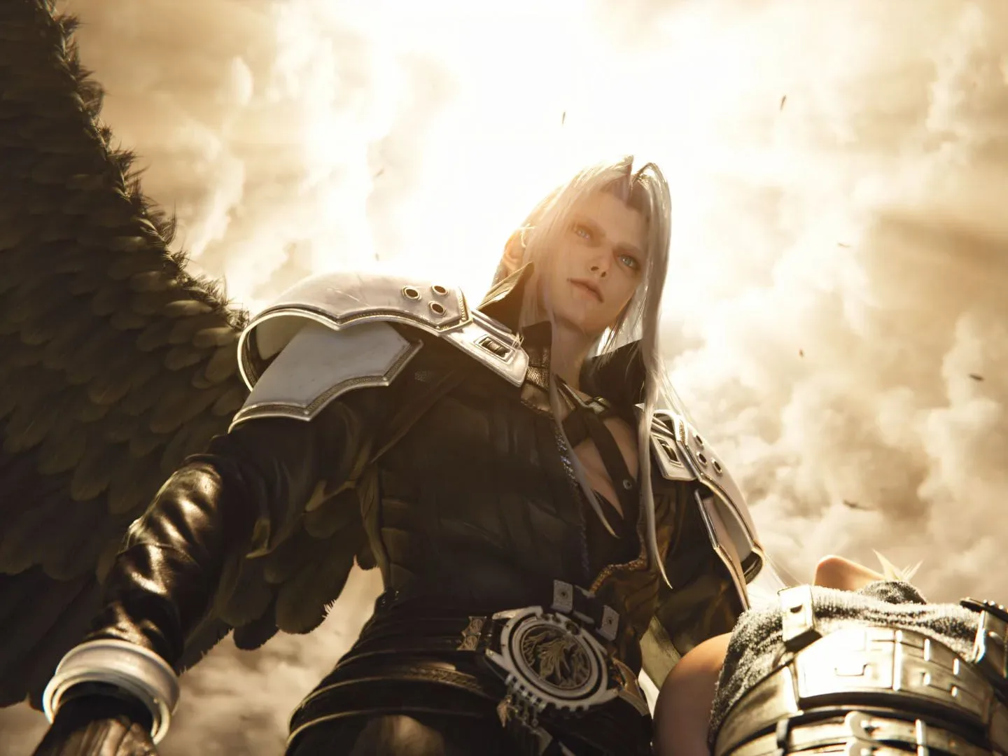 With one black wing open, Sephiroth descends from a cloudy sky in Final Fantasy 7 Revelation