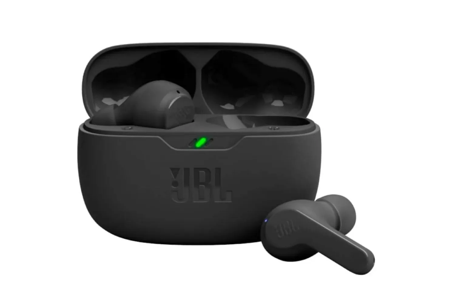 Black JBL Vibe Beam true wireless earbuds beside their charging case