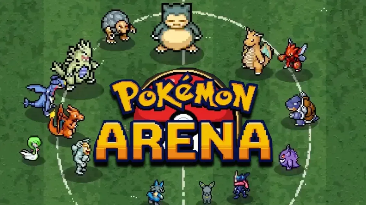 Pokémon Arena gameplay showing retro-style sprite combat in a 2D arena