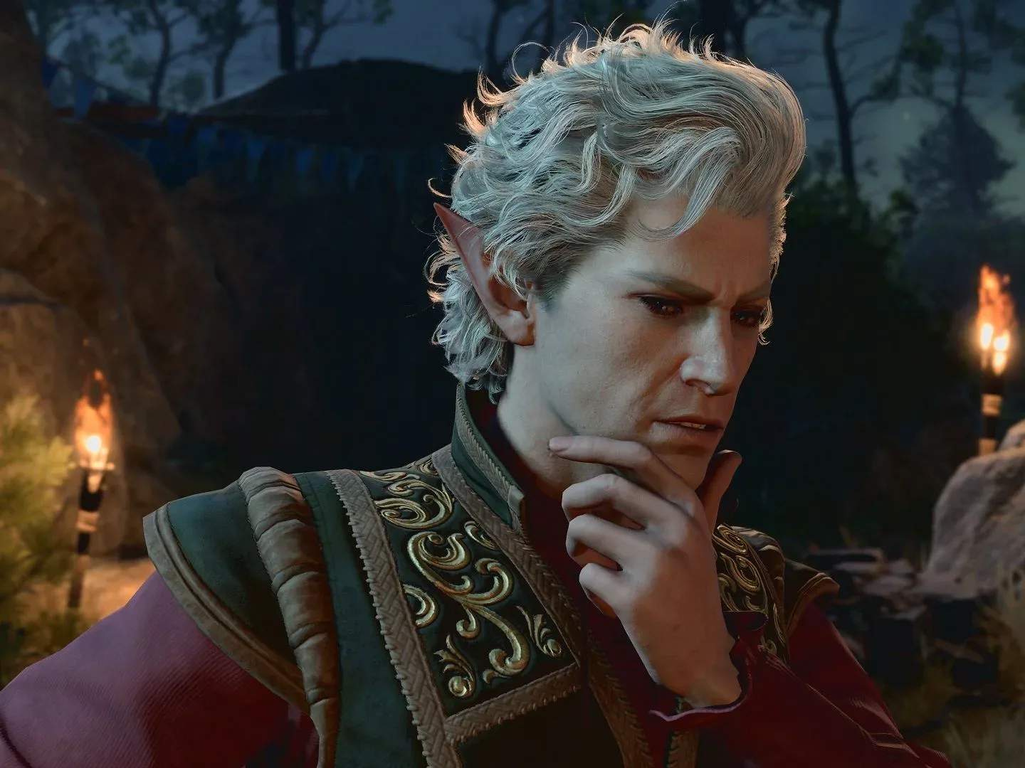 Astarian looking pensive with his hand resting on his chin in Baldur's Gate 3
