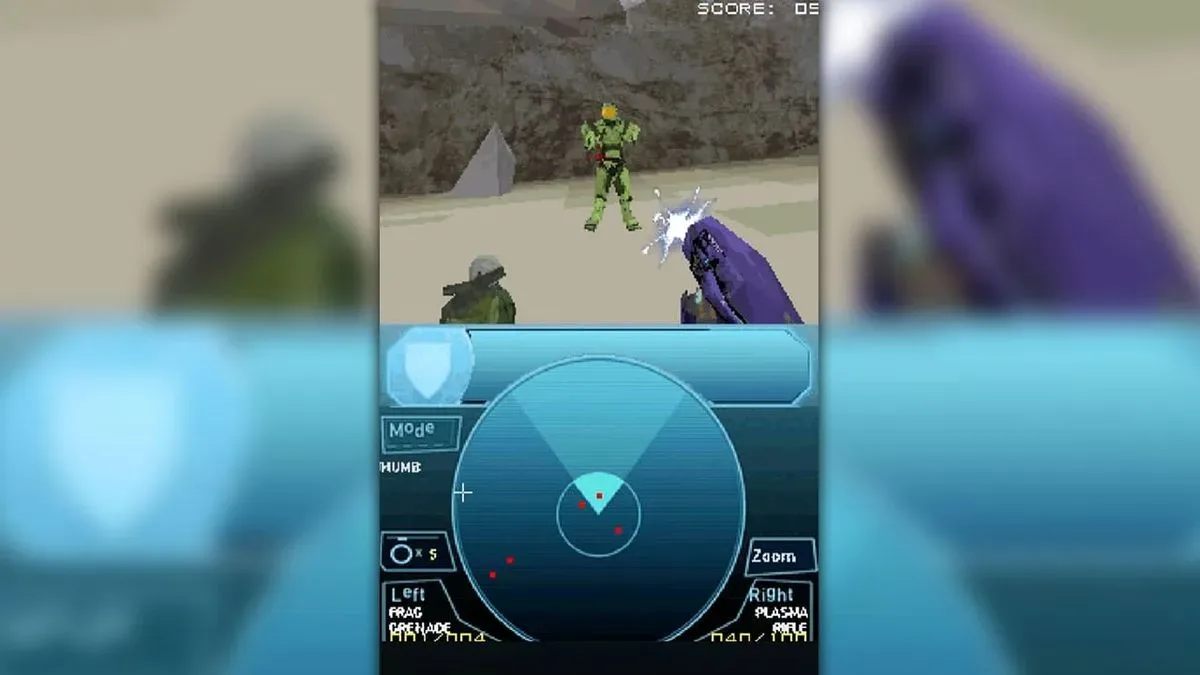 Halo DS fan recreation showing a first-person view on the top screen and motion tracker on the bottom screen