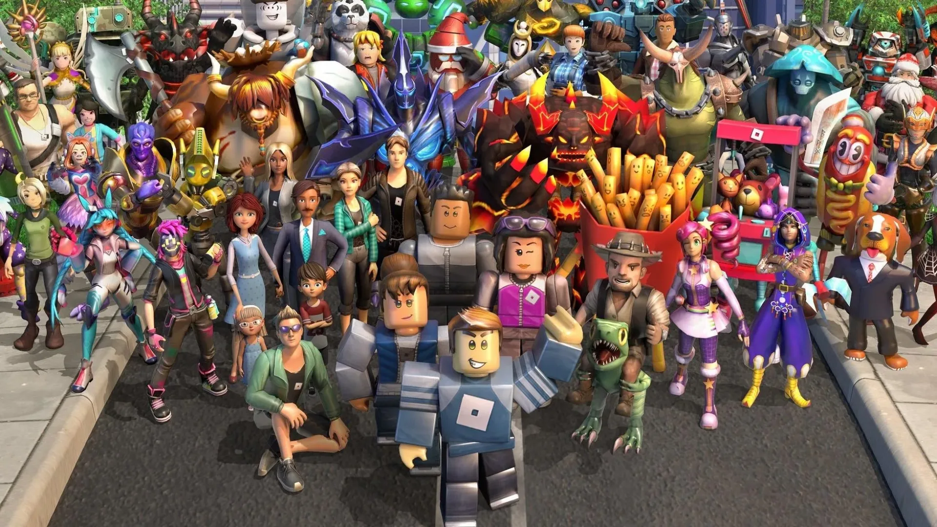 Roblox logo displayed beside abstract AI-generated game creation imagery