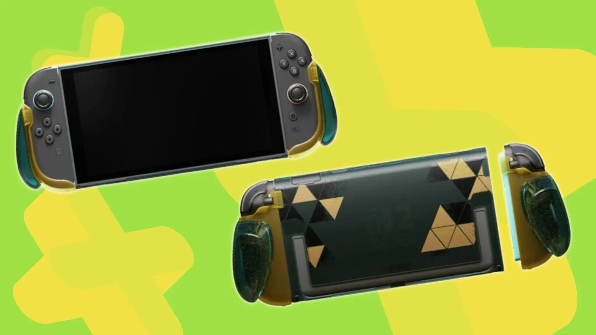Green-and-gold Skull & Co Legend of Zelda Limited Edition FissionGrip fitted around a Nintendo Switch 2