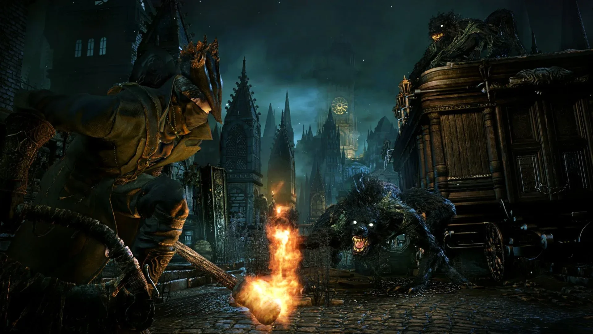 Bloodborne hunter standing in a gothic city street