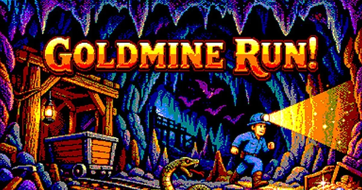 A torchlit underground cavern in Gold Mine Run! for Amstrad CPC 6128