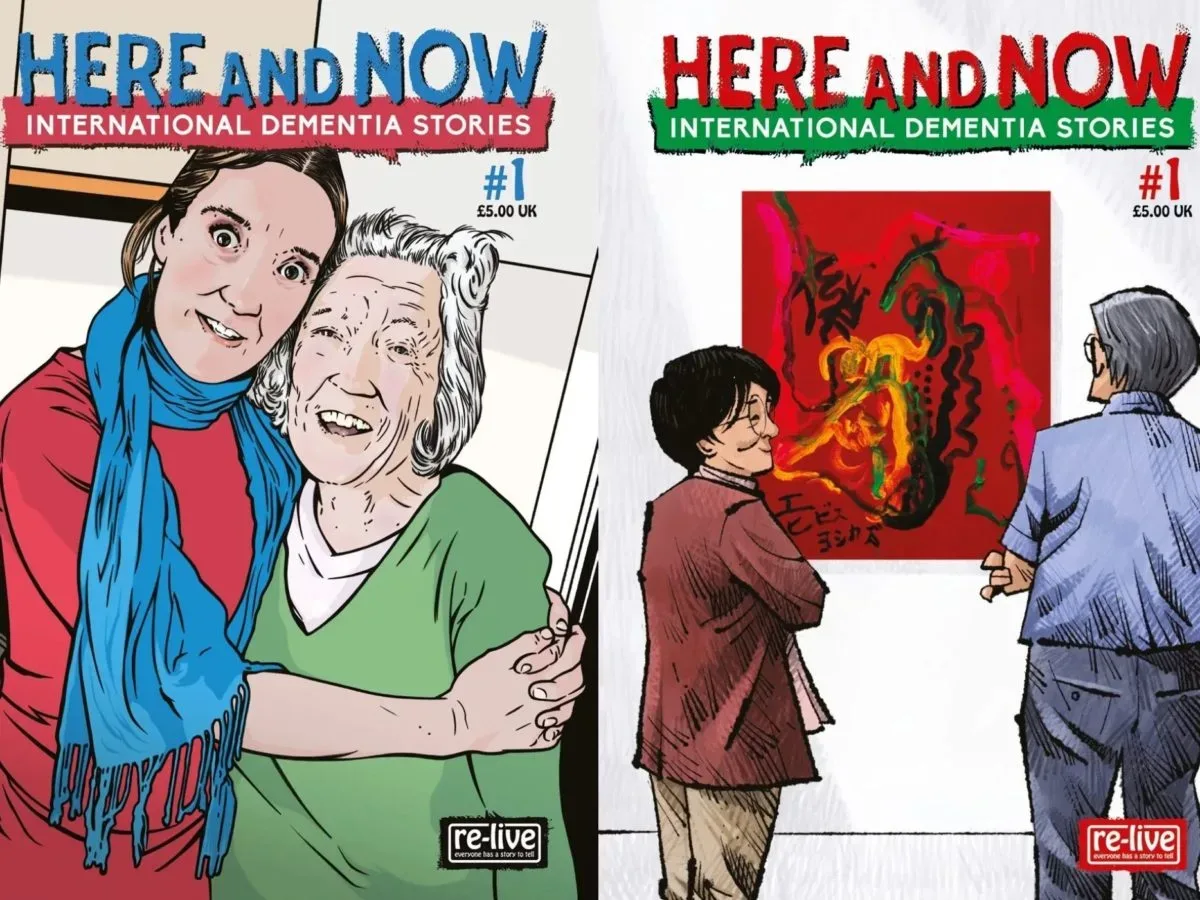 Illustration of Mr and Mrs Sato standing in a gallery before Relieved