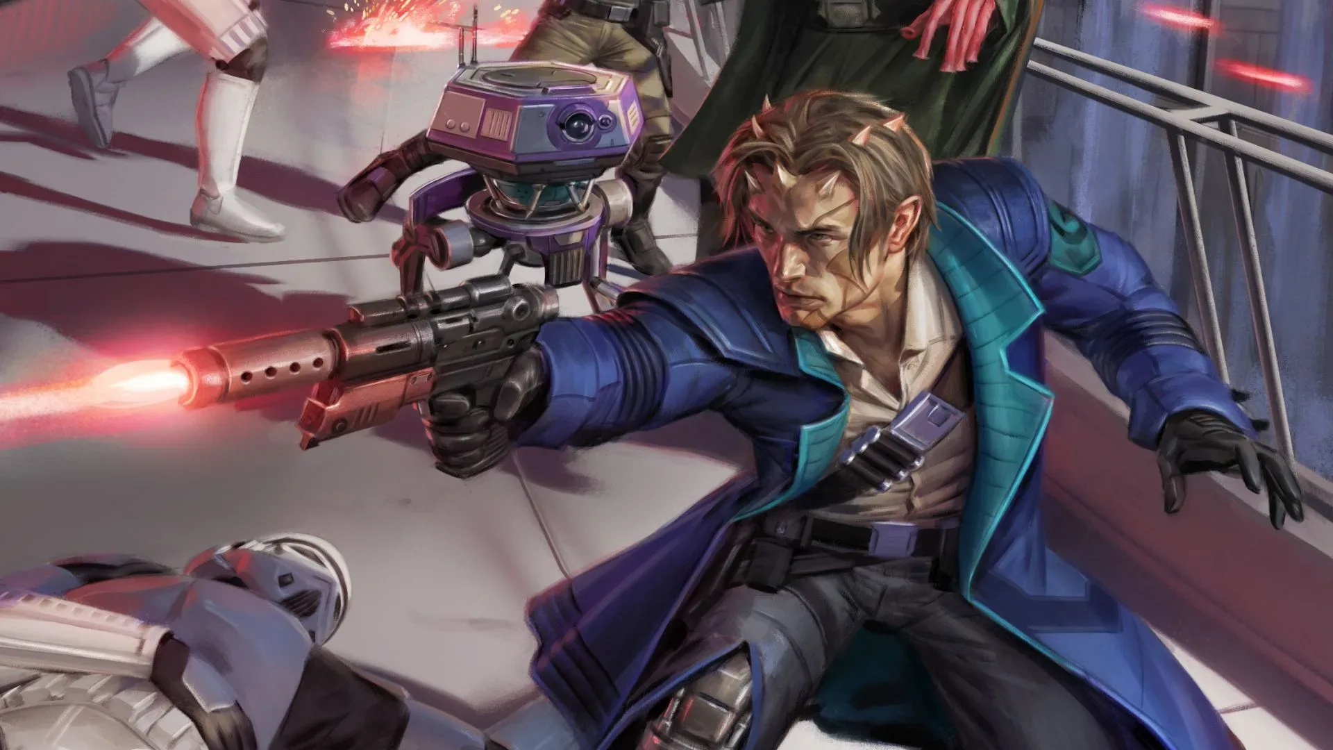 An alien in a long blue coat with a droid at his shoulder fires a blaster at Stormtroopers