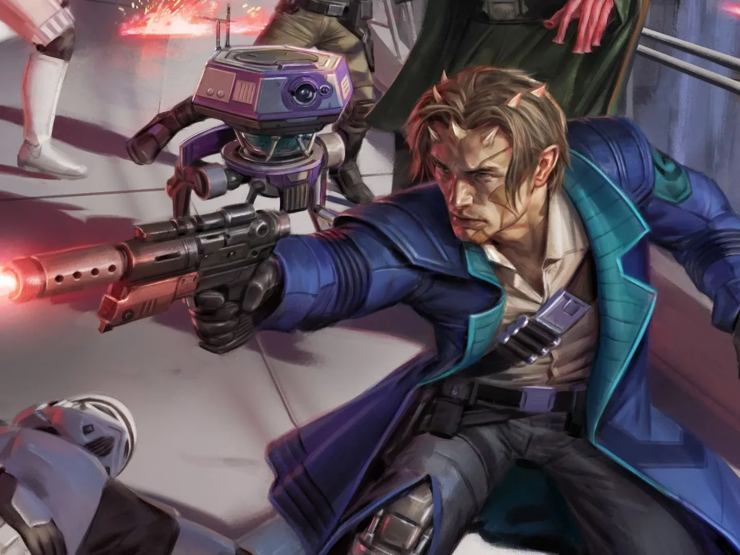 An alien in a long blue coat with a droid at his shoulder fires a blaster at Stormtroopers