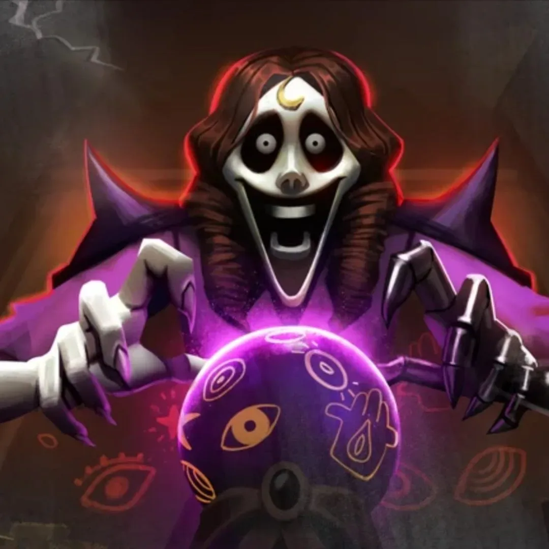 A woman looks upon a crystal ball with a manic look on her face in The Mimic on Roblox.