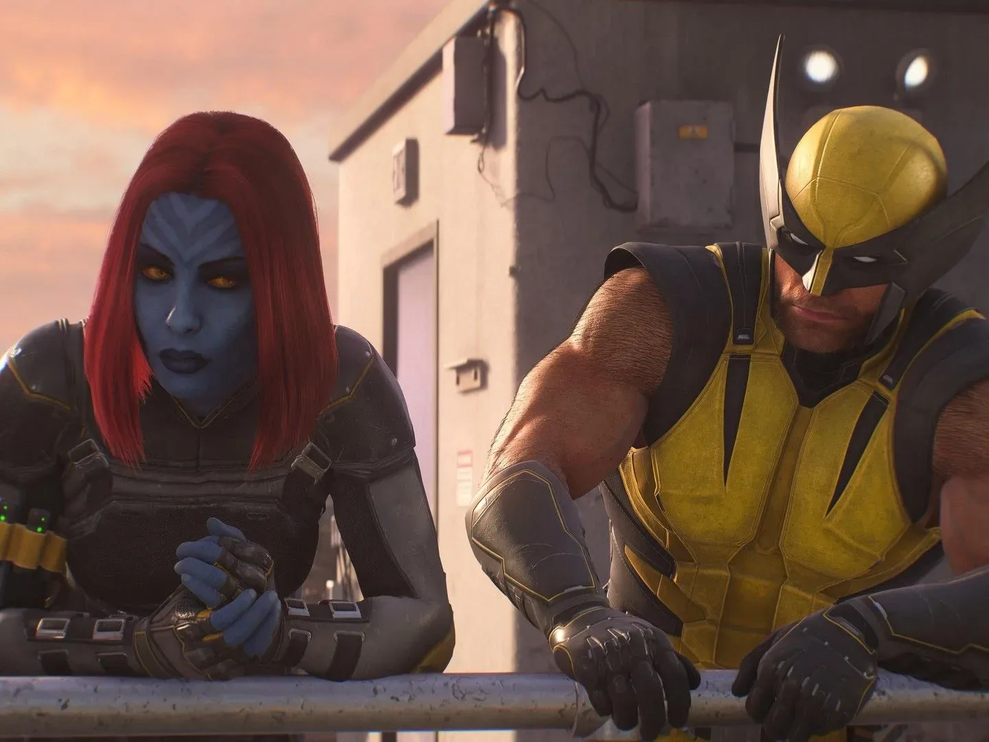 Wolverine and Mystique lean on a railing on a Madripoor rooftop in Marvel's Wolverine