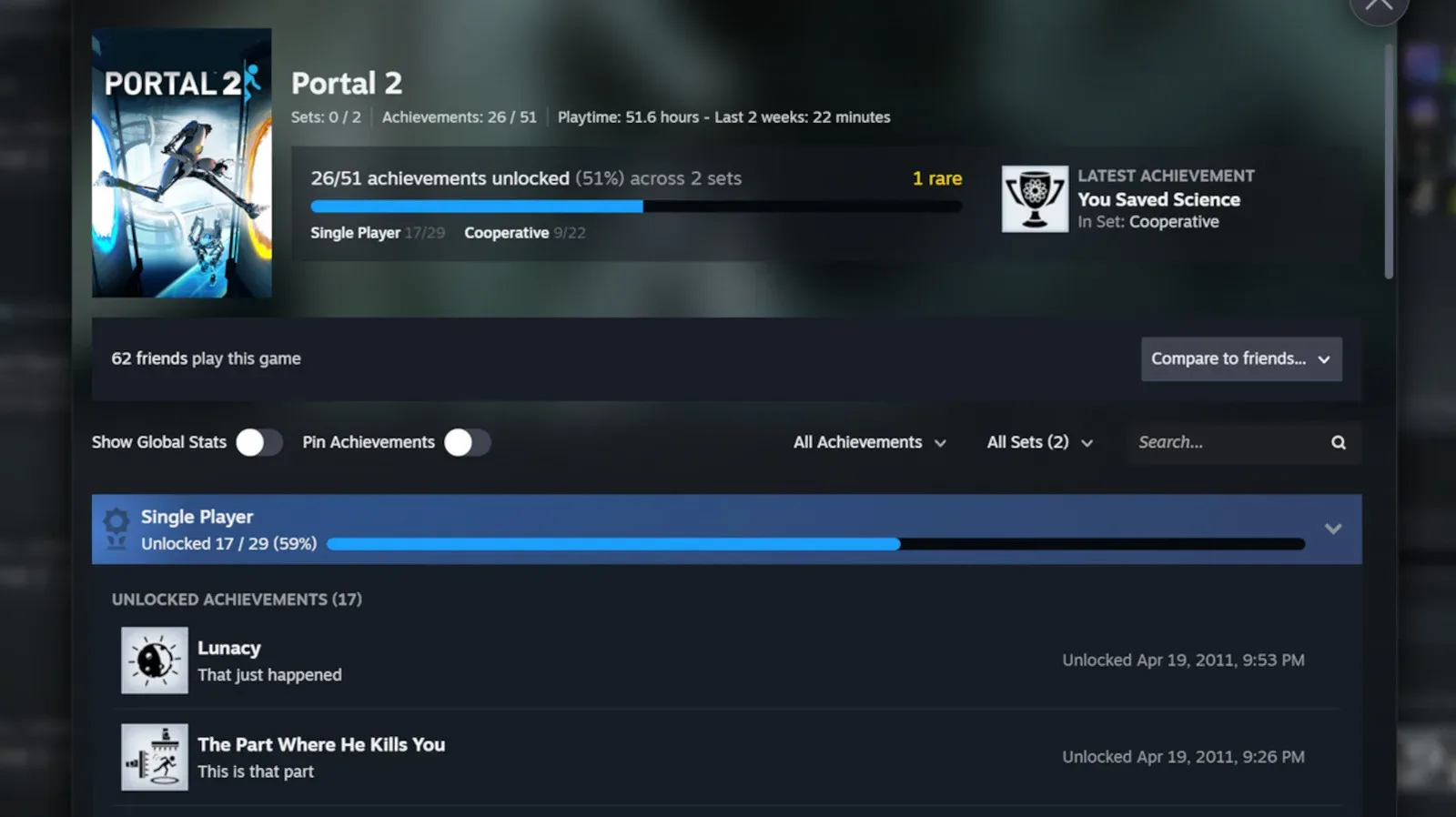 Steam achievements page showing separate blue base-game and purple DLC achievement sets