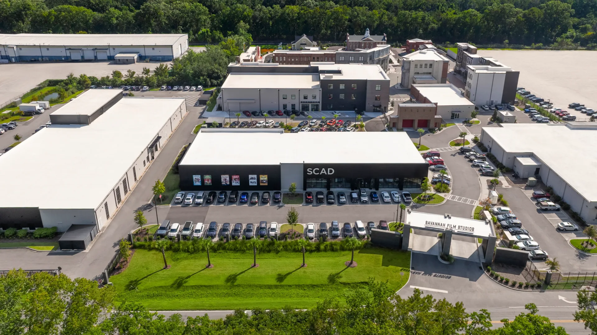SCAD Savannah Film Studios backlot with constructed façades and exterior filming locations