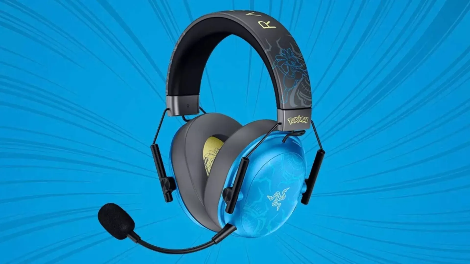Razer Lucario Edition BlackShark V3 X HyperSpeed headset with blue earcups and Lucario headband artwork