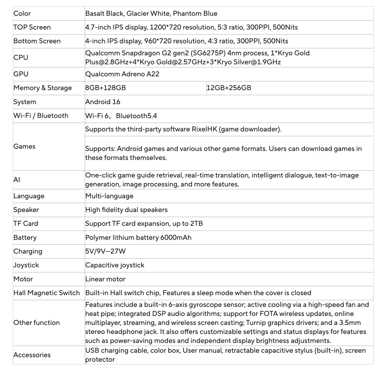 ANBERNIC RG DDS specifications listing with display, processor, memory and battery details
