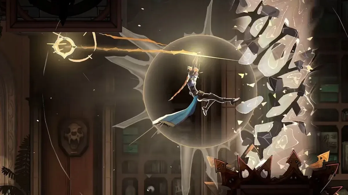Rose grapples on a energy beam to smash through a forcefield in Castlevania: Belmont's Curse