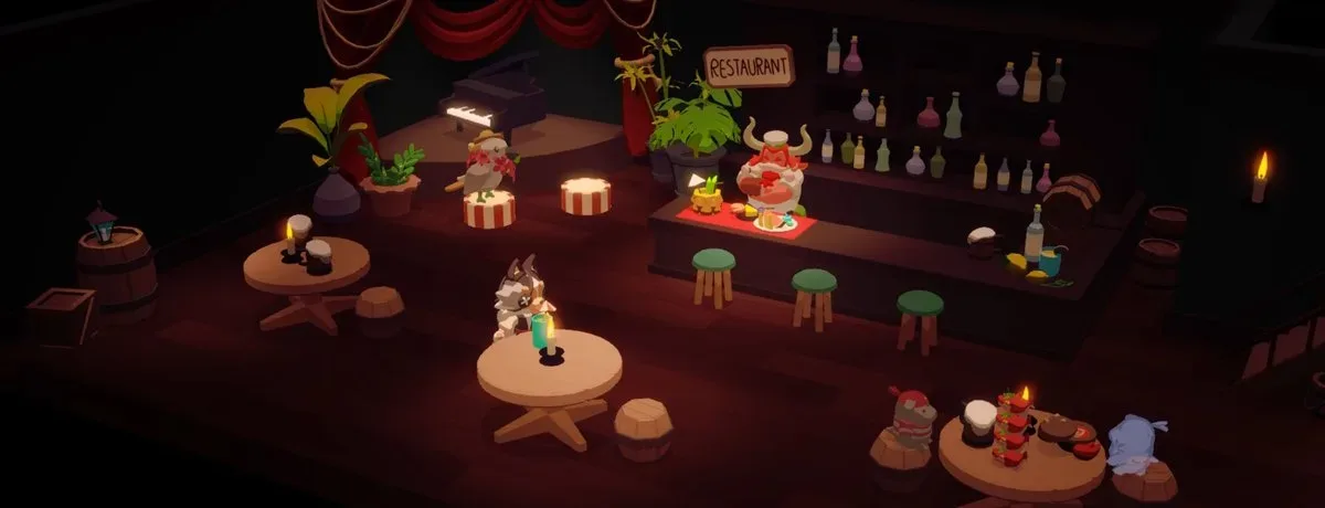 Four raccoon players working together in a chaotic Sous Raccoon kitchen
