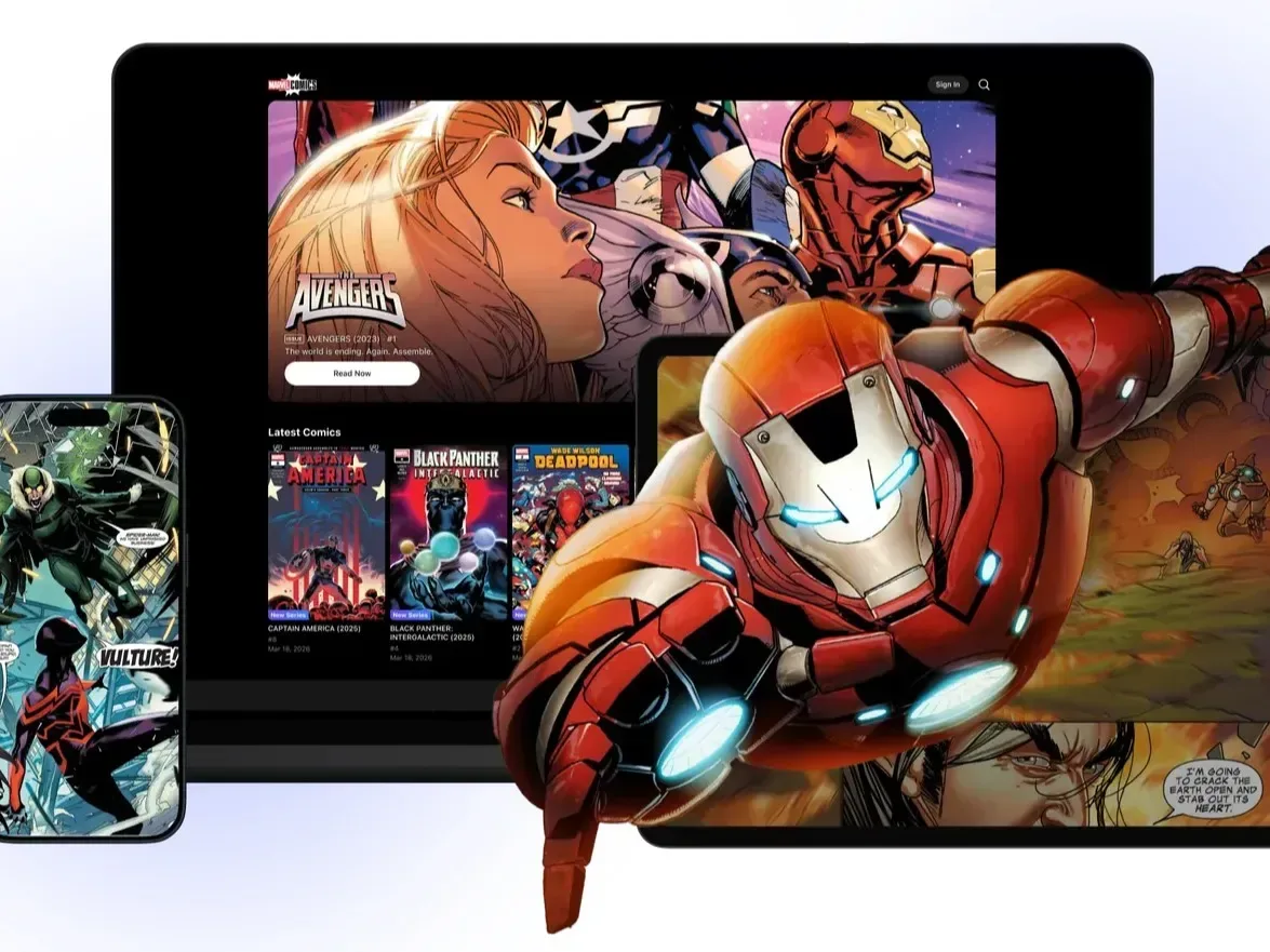 Digital comics reader displaying panel-by-panel and full-page viewing options