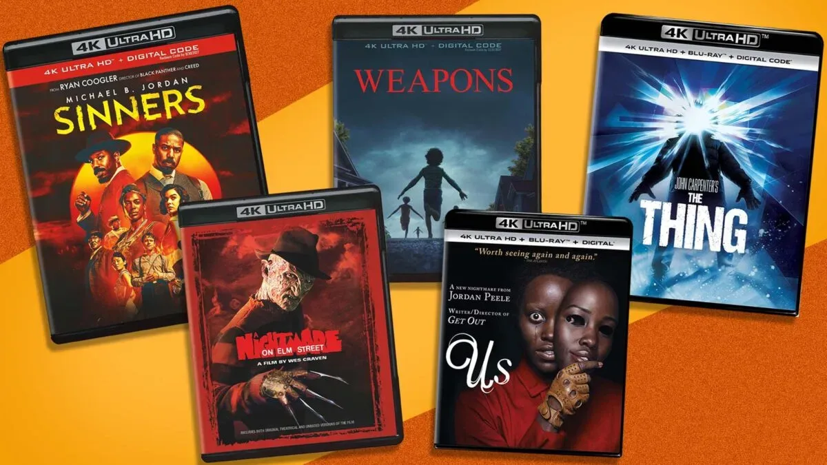 A shelf of 4K UHD Blu-ray horror movies arranged for Halloween viewing
