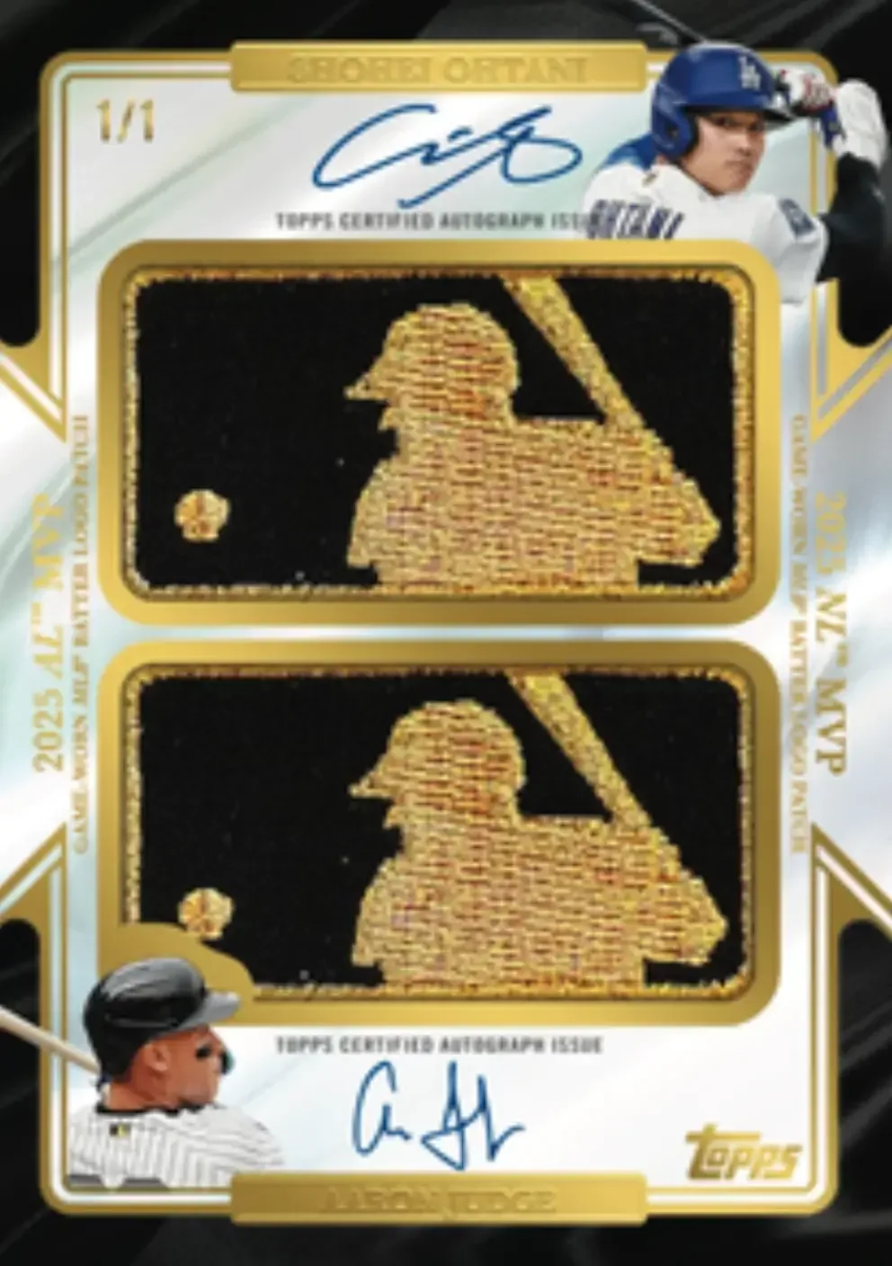 Aaron Judge and Shohei Ohtani 2026 Topps Chrome Dual MVP Gold Logoman autograph one-of-one card