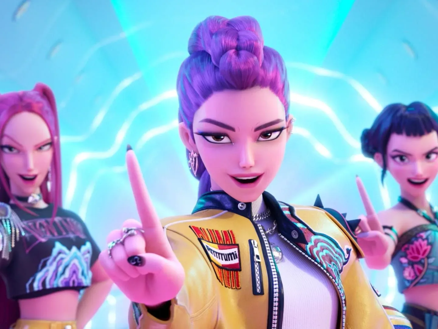 HUNTR/X characters in a stylized concert-inspired scene