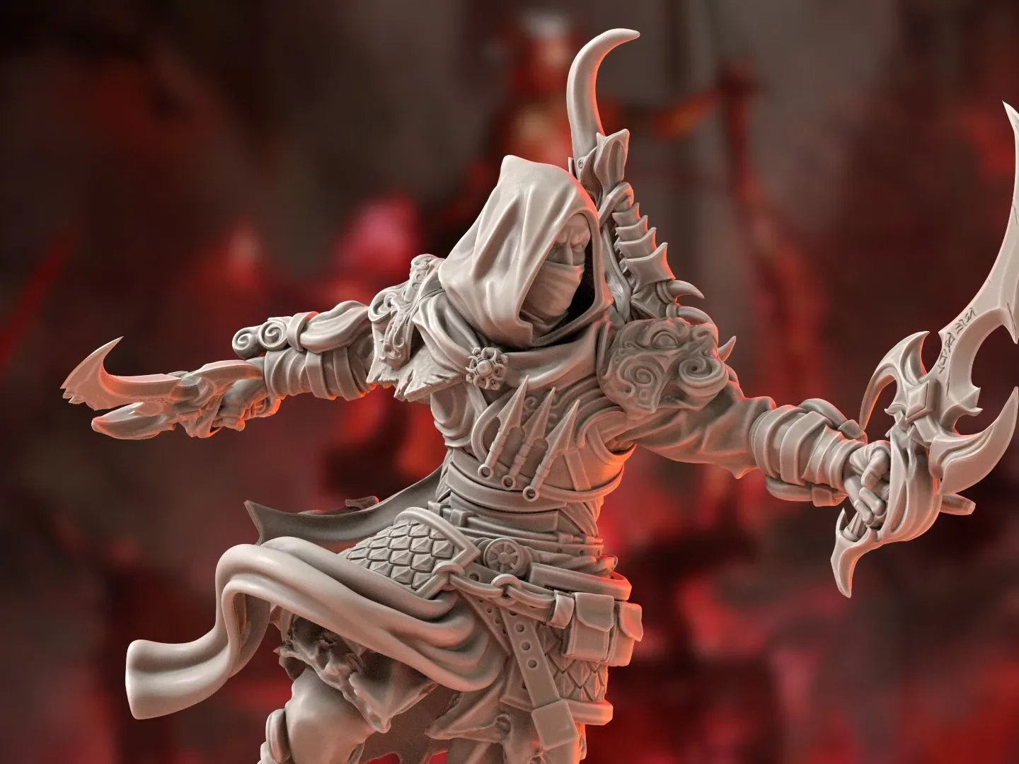 A Rogue miniature wielding twin blades against a red, hellish background