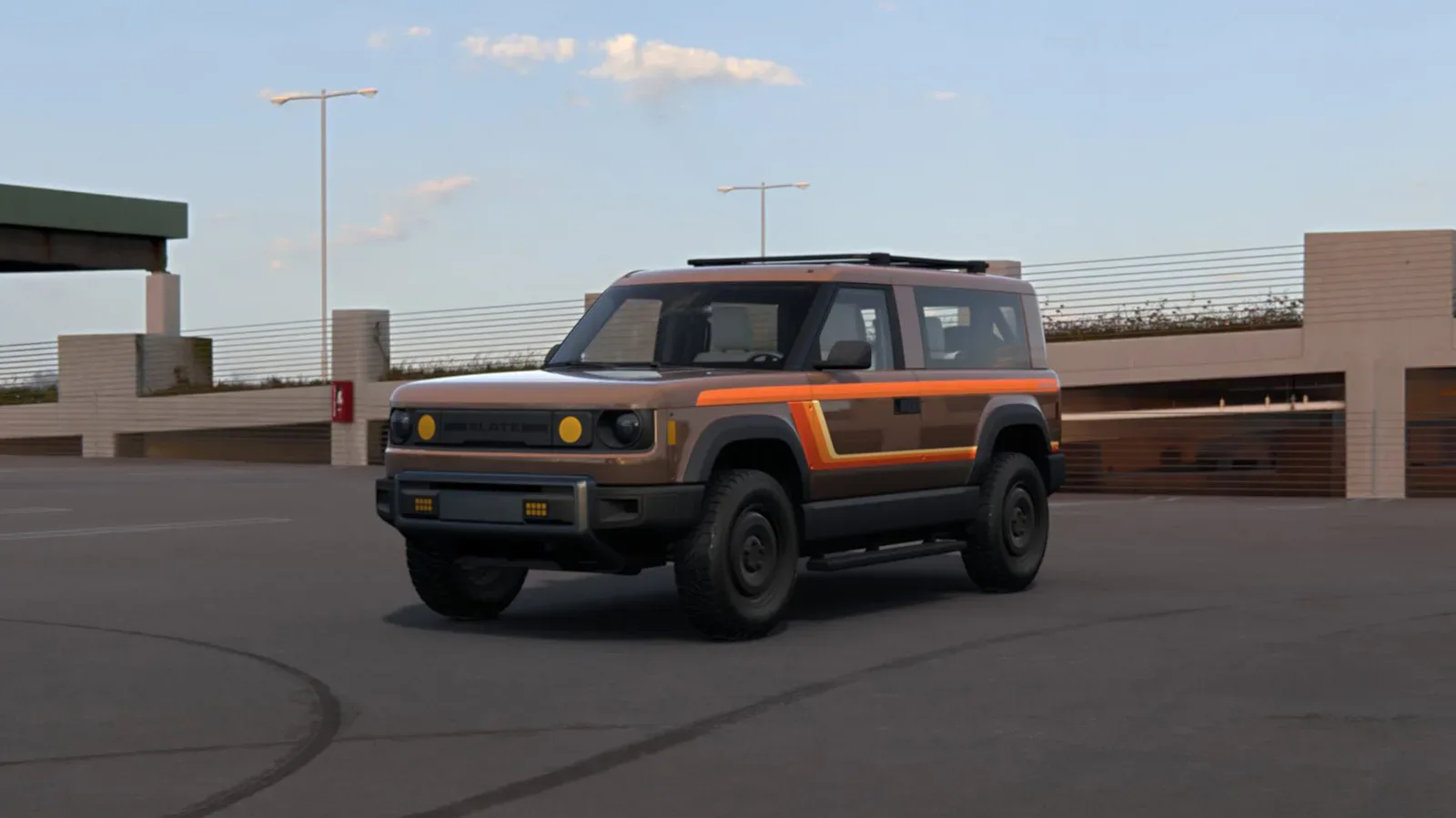 Copper-wrapped Slate Truck with retro stripe decals, roof rack and all-terrain tires