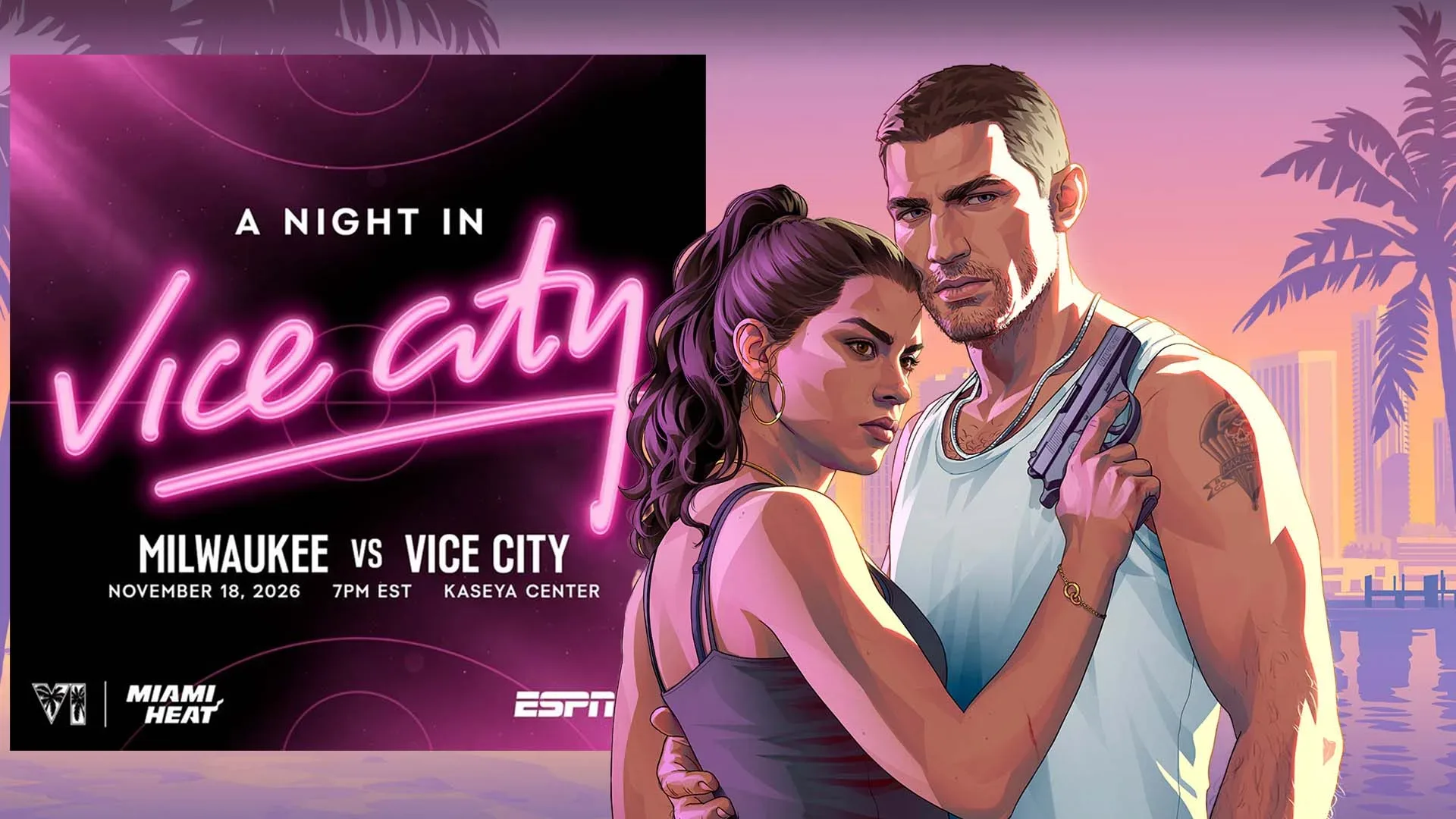 Illuminated Welcome to Vice City sign above the Miami Heat complex