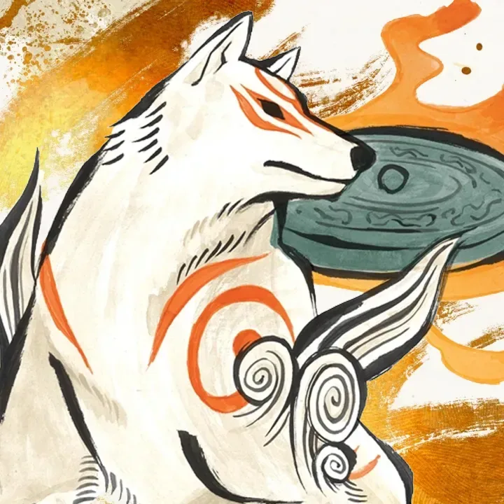 Amaterasu from Okami HD in the game’s ink-and-wash art style
